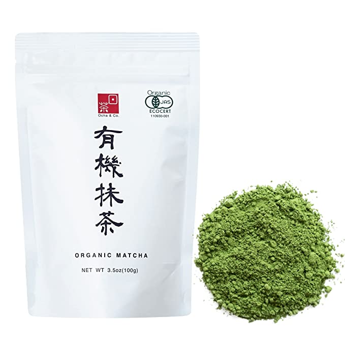 green matcha powder with white packaging