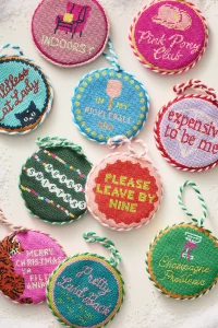 A festive Anthropologie Needlepoint Ornament for the Christmas tree. A charming and top rated holiday gift or stocking stuffer.