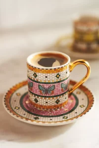A small 5oz cup and saucer set for espresso from the Bistro Tile Stoneware Collection. A top rated Anthropologie gift for the coffee lover.